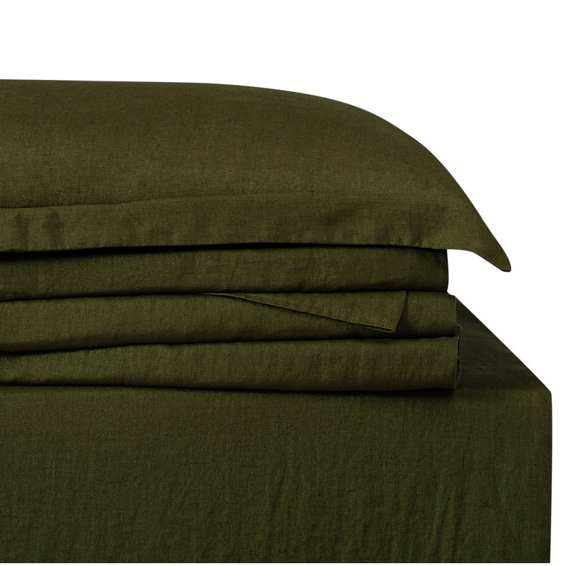 Ensemble de draps en lin Nena Aybar, Ensemble de draps pour très grand lit avec 2 taie, Vert olive