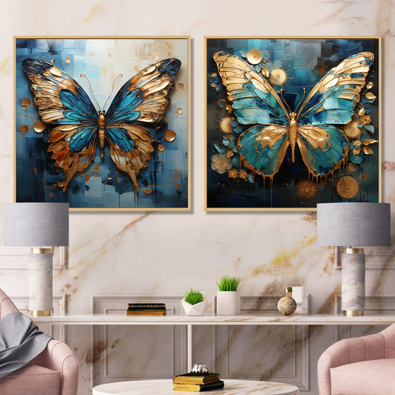 Papillon métallique doré et bleu I - ensemble de 2 décorations murales papillon, Cadre flottant brun