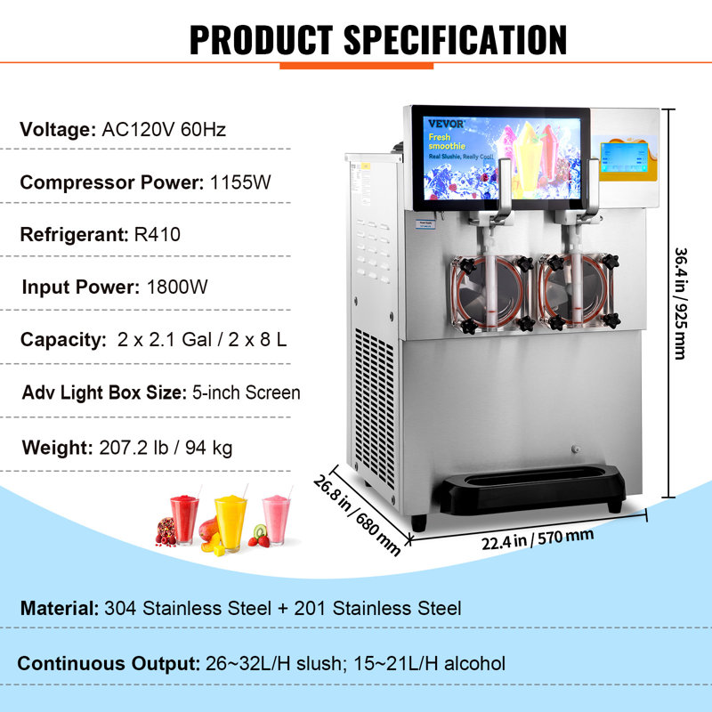 VEVOR Commercial Slushy Machine 8L / 2.1 Gal Double Bowl Cool and Freeze Modes