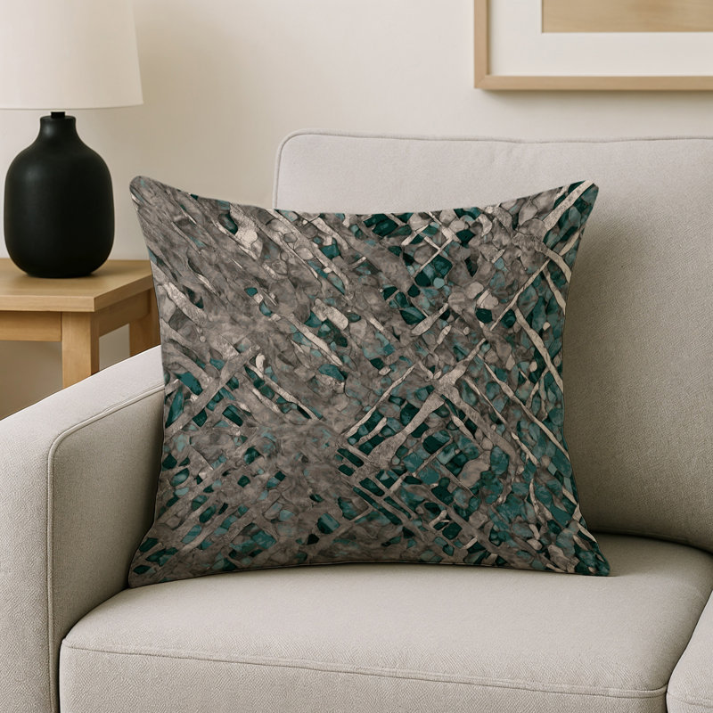 Coussin décoratif intérieur et extérieur Modern, Vert / ivoire / gris / taupe abstrait, Carré 16 po