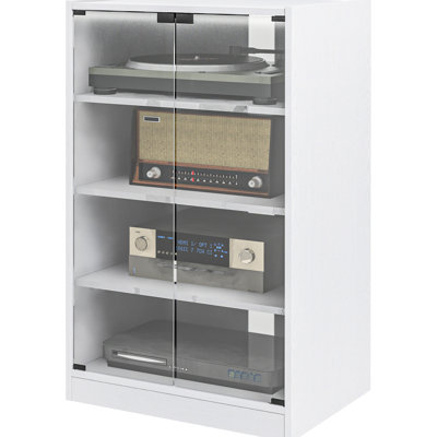 Media Cabinet 4, Modern Stereo With Adjustable Shelves, Tempered Glass Door, Cable Managed, Appealingly 4 Stand, Audio Video Doors, Managed