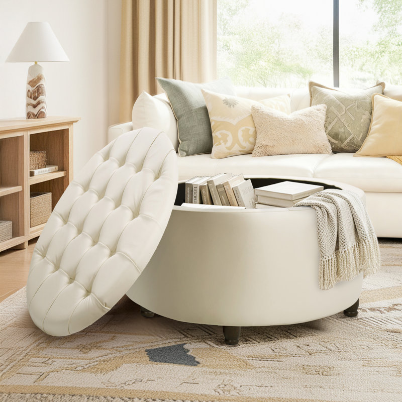Classic 28-Inch Wide Button Tufted Round Storage Ottoman With Lift-Off Lid, Cream