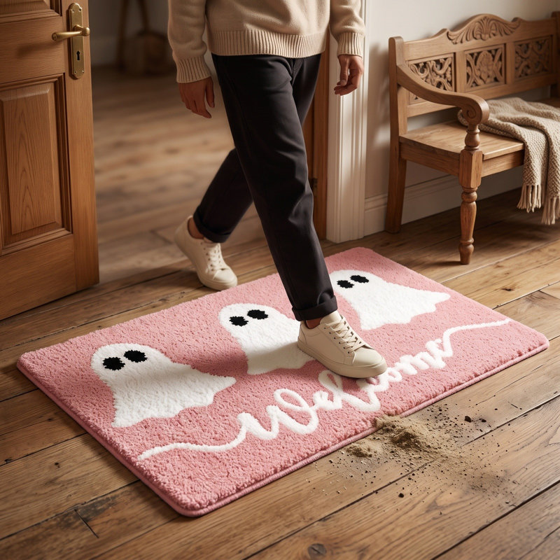 Tapis de sol rose en imitation cachemire, style Halloween, à motifs de fantômes, avec un envers en caoutchouc antidérapant. Un tapis décoratif pour les fêtes.