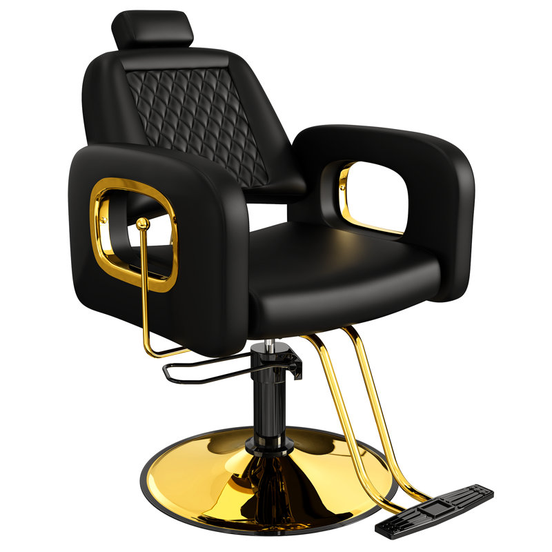 Inbox Zero Comfortable Black Gold Chair For Salon, Adjustable Headrest & Reclining Backrest, Premium Barber Chair With Steel Frame, Stylish Hair Chair With Soft Leather, Weight Capacity 440 Lbs