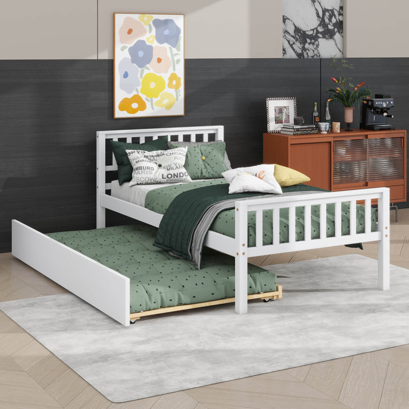 Structure de lit plateforme robuste en bois avec lit gigogne extensible, Blanc