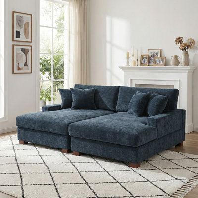 Oversized Upholstered Blue Chenille Sleeper Sofa Bed Lounge sofa with Armrests & Throw Pillows