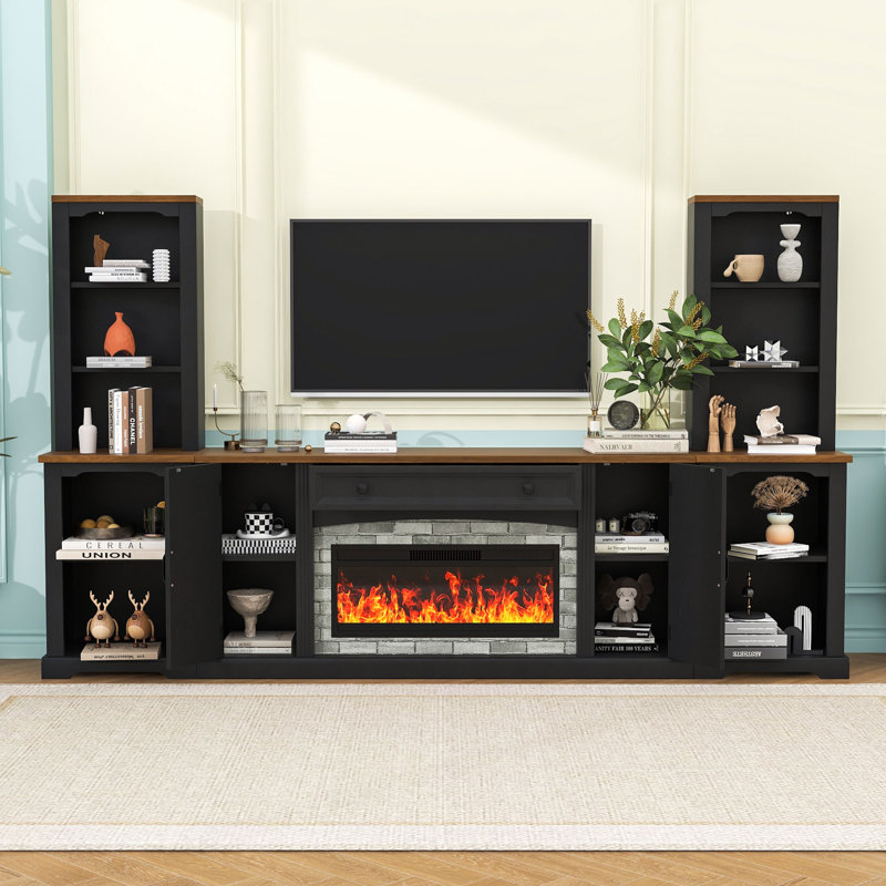 Entertainment Center with Mantel and Storage Cabinet, Black