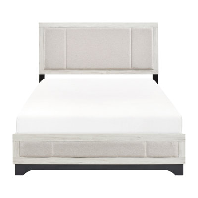 Grand lit plateforme contemporain avec finition en chêne blanc et gris à deux tons, tête de lit tapissier pour la chambre à coucher, tissu beige, assemblage simple, pas de sommier tapissier requis