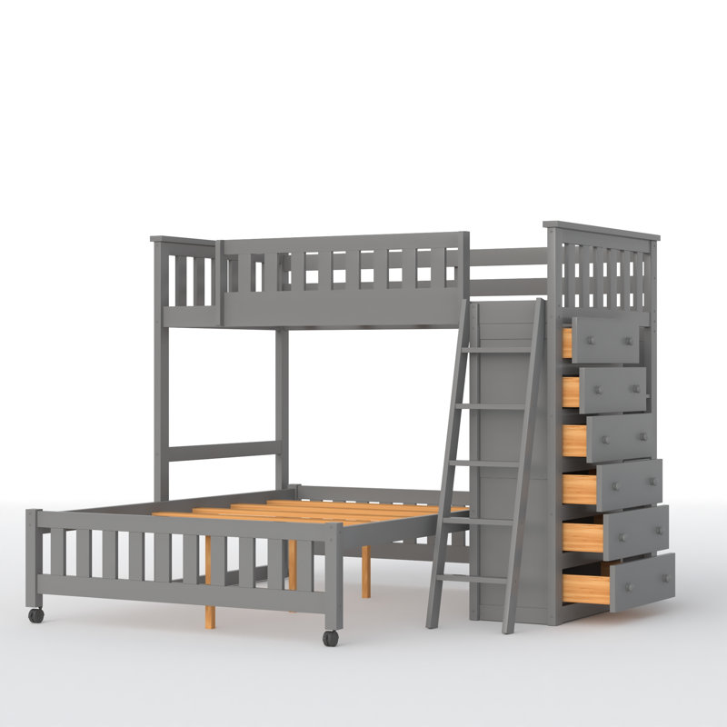Ekansh Wooden Twin Over Full Bunk Bed With Six Drawers, Gray