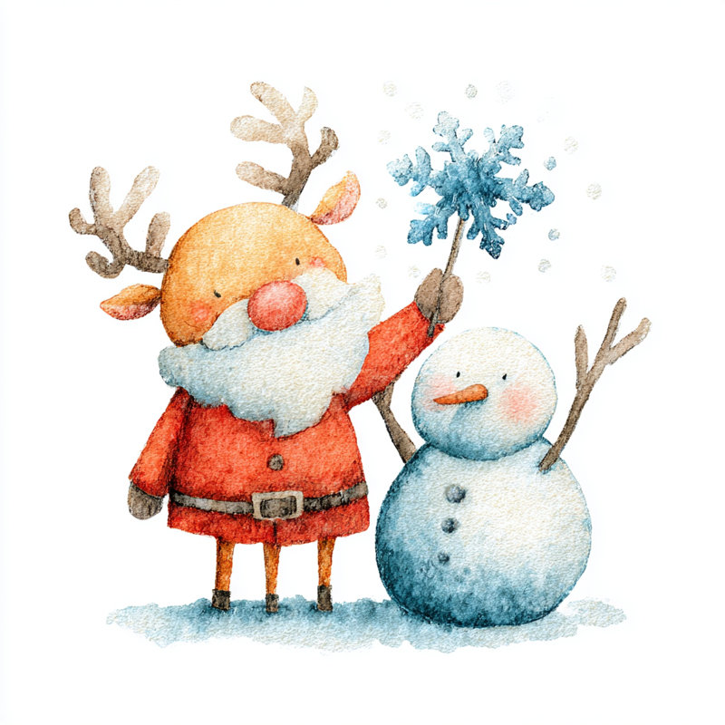 Renne et bonhomme de neige sur toile, H 40 po x l 40 po