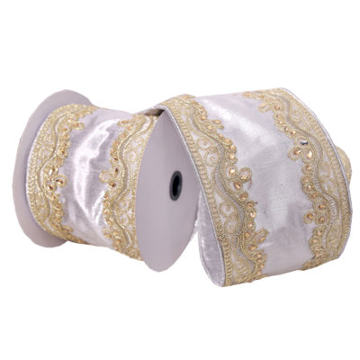Gold Embroidery Wired Edge Christmas Ribbon