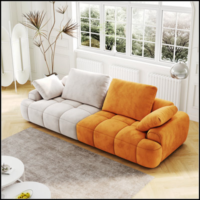 86.6 Inch Large Two-Seat Sofa, Modern Upholstered With Gray And Yellow Suede, Increased Sitting Height For Comfort
