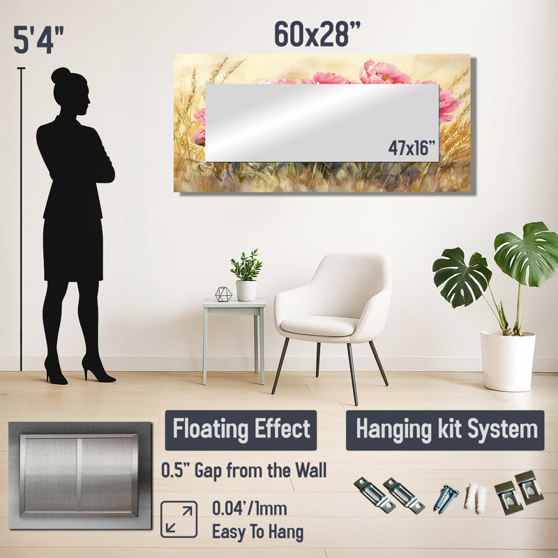 Peonies In The Wheatgrass Field I - Floral Accent Wall Mirror - Printed On Metal, 28" x 60"