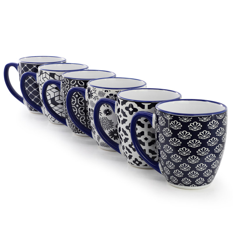  Ensemble de grandes tasses en grès bleu marine et blanc 6 pièces 16 onces Flyn