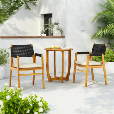 Ensemble repas d'extérieur en bois d'acacia avec coussin, corde noire et teck 3 pièces