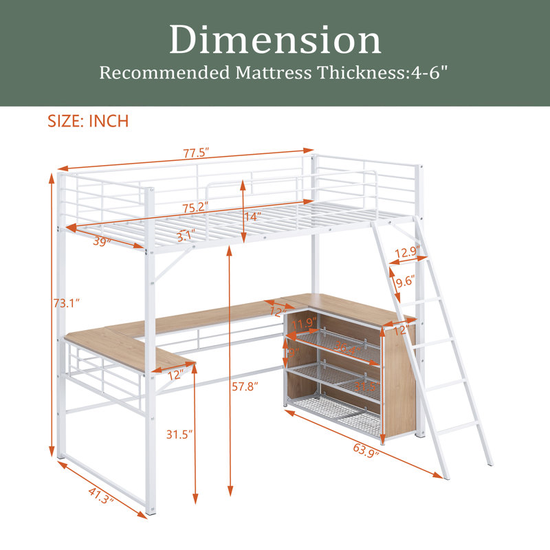 Azhar Kids Loft Bed, Twin, White