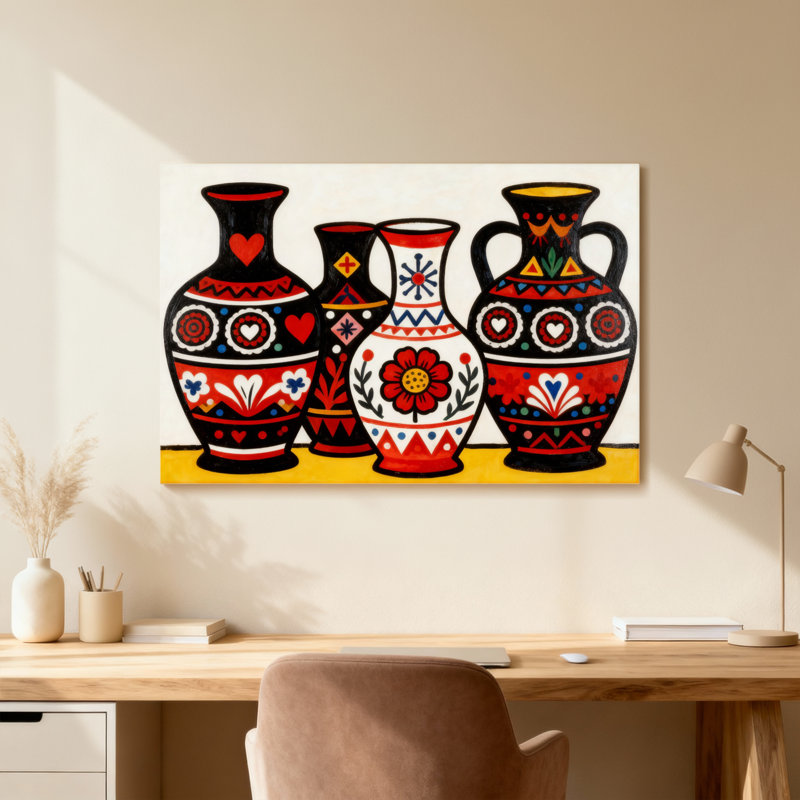 Vases colorés avec des motifs de cœur et de fleurs, H 16 po x l 24 po, Toile tendue, Ne s’applique pas