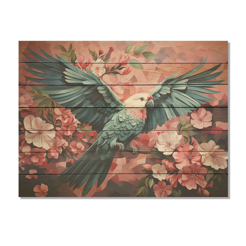 Perroquet bleu et rose Paradise IV - Perroquet sur bois, H 30 po x l 40 po