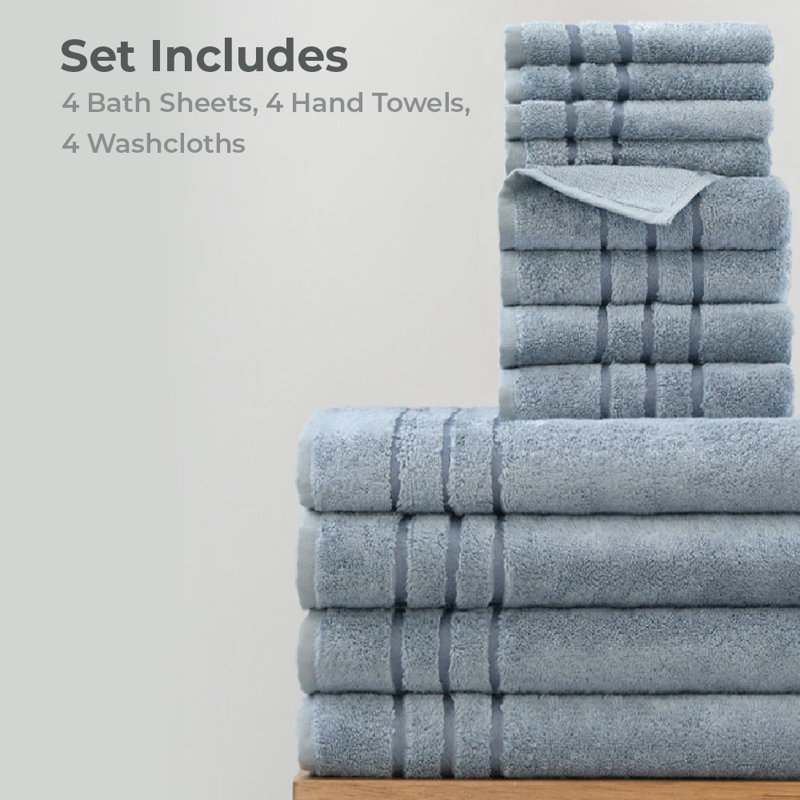 Cariloha Bath Sheet Bundles Rayon from Bamboo Multi-Size Set, Blue Lagoon, 4 Washcloths, 4 Hand Towels, 4 Bath Sheets
