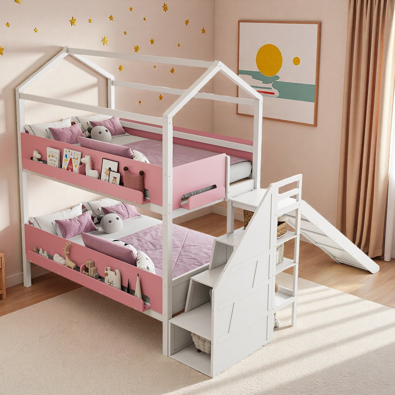 Lit superposé en forme de maison avec escalier de rangement, tablettes de présentation et glissade, White
