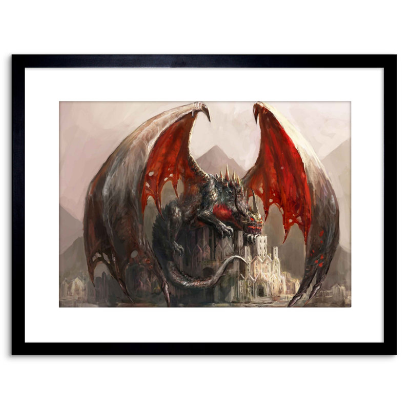 Painting Illustration Fantasy Dragon Castle Wings - Single Picture Frame Art Prints