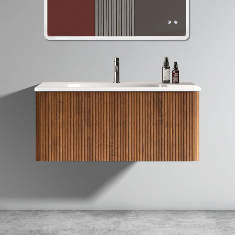Meuble-lavabo rayé en noyer avec lavabo en céramique, 36"