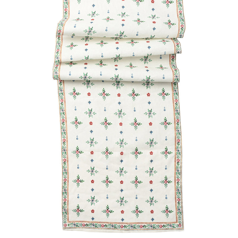 Winter Floral Linen Table Runner with Folkloric Border
