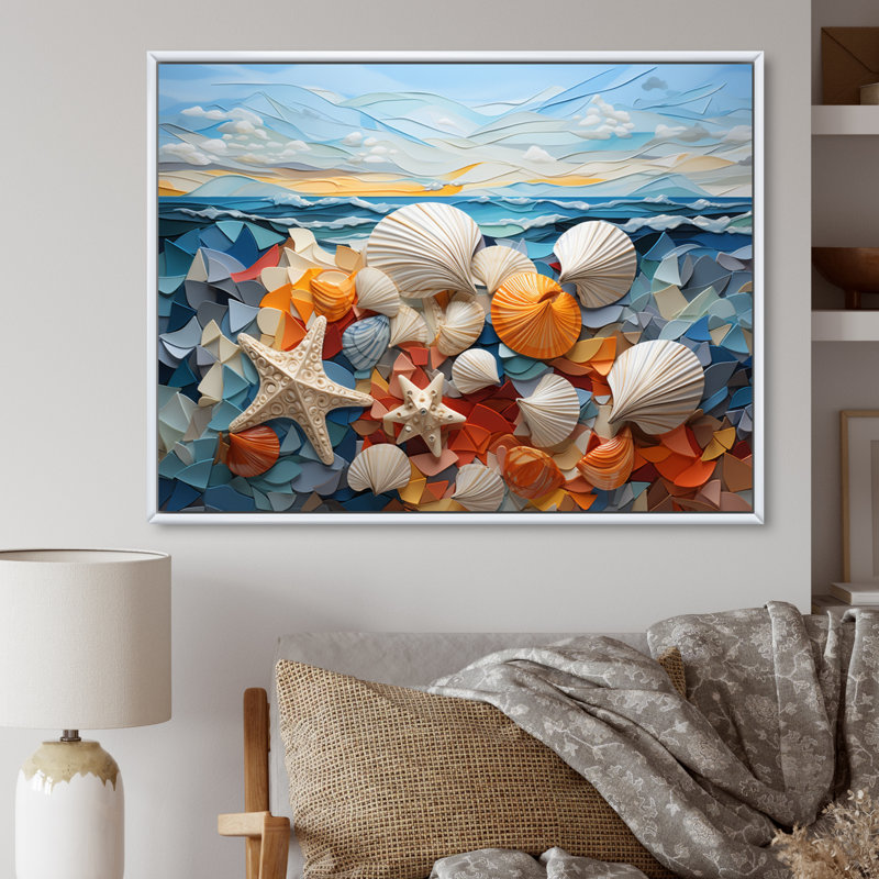 Coquillage sérénité en géométrique I - impression, H 24 po x l 32 po, Cadre flottant blanc