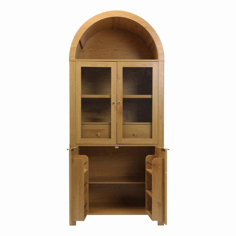 Grand garde-manger arqué cannelé en chêne de 71 po, rangement élégant avec porte vitrée, tiroir dissimulé et tablettes réglables pour la cuisine, le salon et la salle à manger