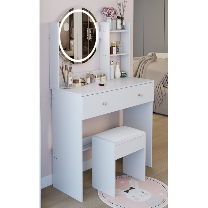 17" Round LED Mirror Vanity Table With Soft Cushioned Stool Set, Large Makeup Mirror, Touch Control Switch, 3 Color Lights & Adjustable Brightness, Spacious Tabletop, Multi-Layer High-Capacity Storage, Ideal For Small Spaces