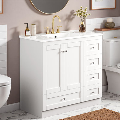 Free-standing Bathroom Vanity Cabinet With Ceramic Sink, 4 Drawers And Cabinet