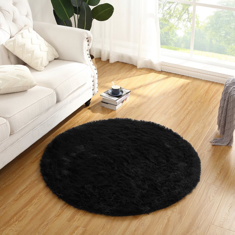 Black Washable Shag Area Rugs Non-Slip Fluffy Shag Plush Fuzzy Shaggy Rug for Living Room, Bedroom, Home Decor, Round 4'