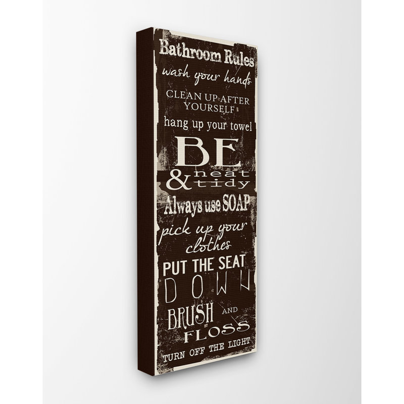 «Bathroom Rules Chocolate White» par Taylor Greene - impression d'art textuel, H 24 po x l 10 po x p 1,5 po, Toile tendue
