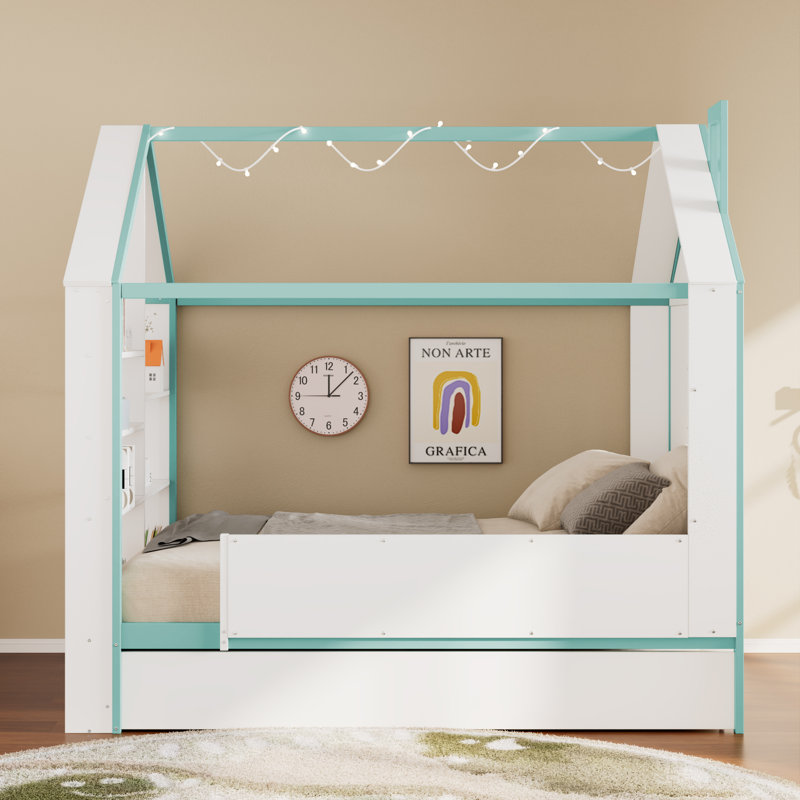 Lit maison avec lit gigogne, tablettes de rangement au pied de lit et éclairage à DEL, Lit double, Bleu blanchi