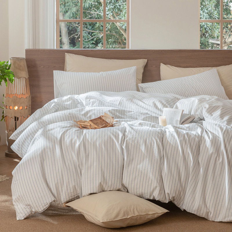 MooMee Striped Duvet Cover Set 100% Washed Cotton Linen Like Textured, Wide Stripes - White/Cornflower Blue