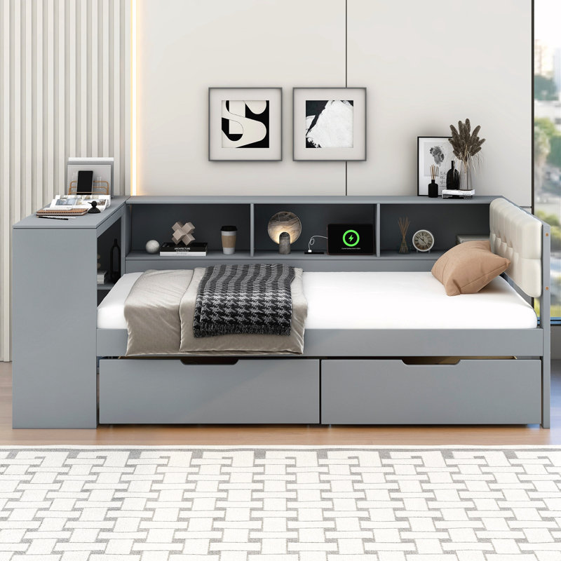 Lit plateforme simple en bois avec tablettes de rangement, gris, Lit simple