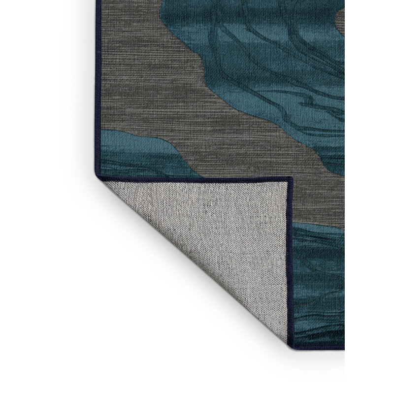 Machine Washable Abstract Blue Area Rug, Round 5'