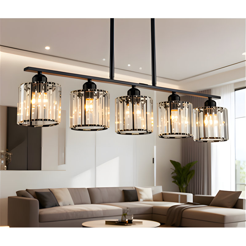 Luminaire suspendu linéaire avec abat-jour en cristal transparent K9, lustre de style campagnard à 5 lumières pour îlot de cuisine moderne rustique noir mat