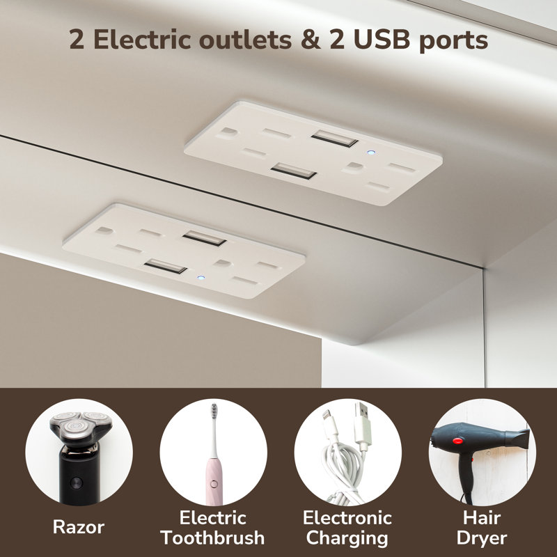 Rectangle LED Medicine Cabinet with Light, Sockets & USBs,Tempered Glass, 24" H x 36" W