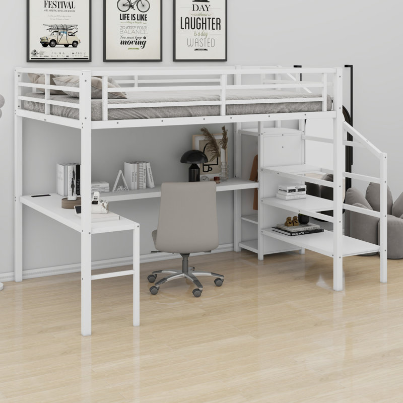 Loft Bed With L-Shaped Desk And USB, Wardrobe And Adjustable Shelf And LED, Queen