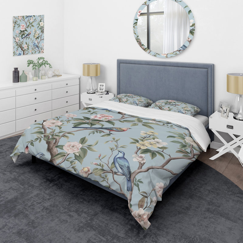 Ensemble de housse de couette Chinoiserie avec oiseaux et pivoines, Housse de couette pour grand lit et 2 taies décor