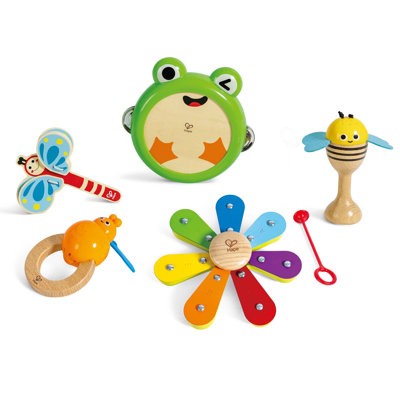 Hape: trousse de rythmes de bandes naturelles - ensemble de jouets d'instruments de musique 5 pièces, thème animal coloré, Castanet-Maraca-Bell-Xylophone-Tambourin, tout-petits et enfants de 2 ans et plus
