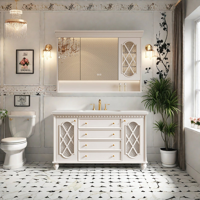Armoire de salle de bain américaine rétro et simple, 47", Blanc cassé