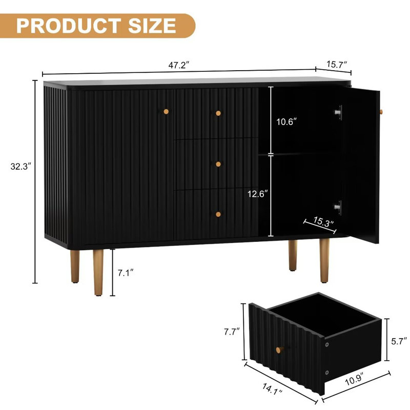 Buffet de rangement moderne 48 po avec tiroirs pour vestibule, salon et salle à manger Torye, Noir