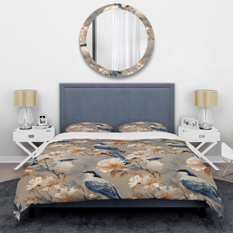 Ensemble de housse de couette à motif floral beige et bleu, Housse de couette simple + 1 taie décorative stan