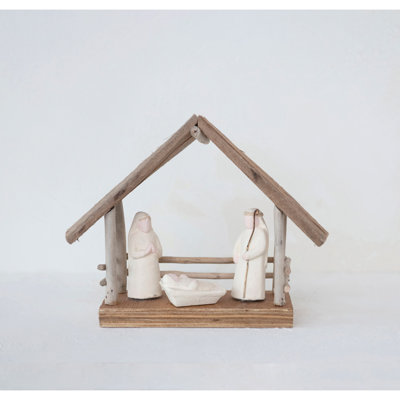 Crèche recyclée fabriquée à la main en bois flotté et papier mâché avec base en bois