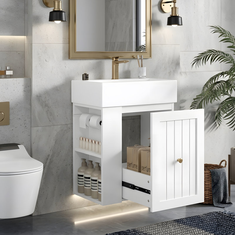 Meuble-lavabo mural 20 po avec lavabo, tablettes ouvertes et tiroirs, Blanc