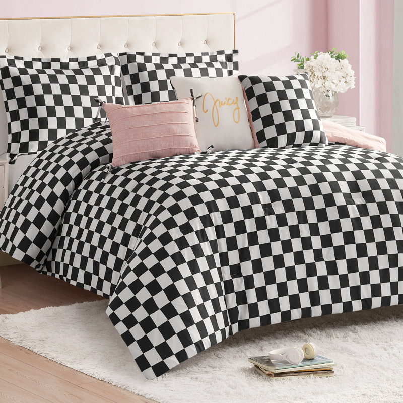Juicy Couture Checkerboard Comforter Sets, King Comforter + 5 Additional Pieces, Black/White