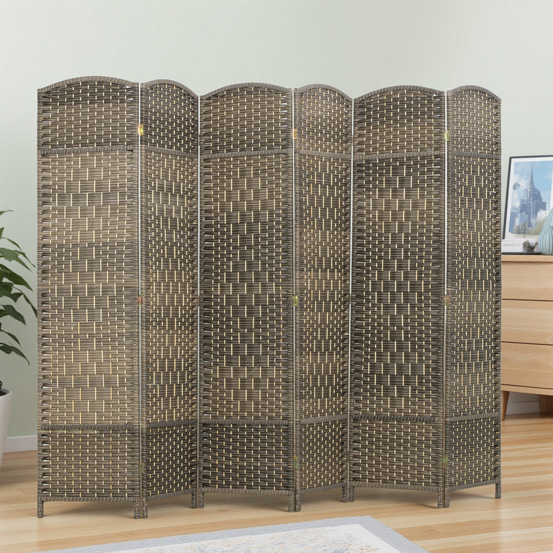 Paravent 6 panneaux, écran d'intimité pliant de 6 pi de hauteur, cloison murale autoportante tissée à la main pour bureau à domicile, chambre à coucher, chêne rustique foncé, bois
