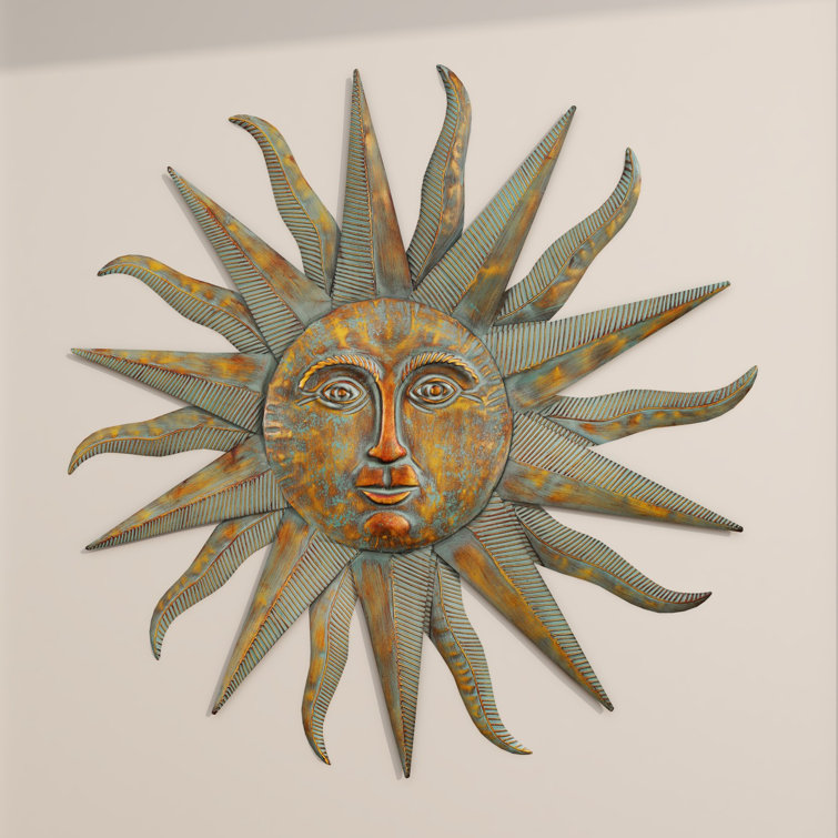 Elenna Gold Metal Indoor Outdoor Distressed Sunburst Wall Decor with Copper-Like Accents and Grooves